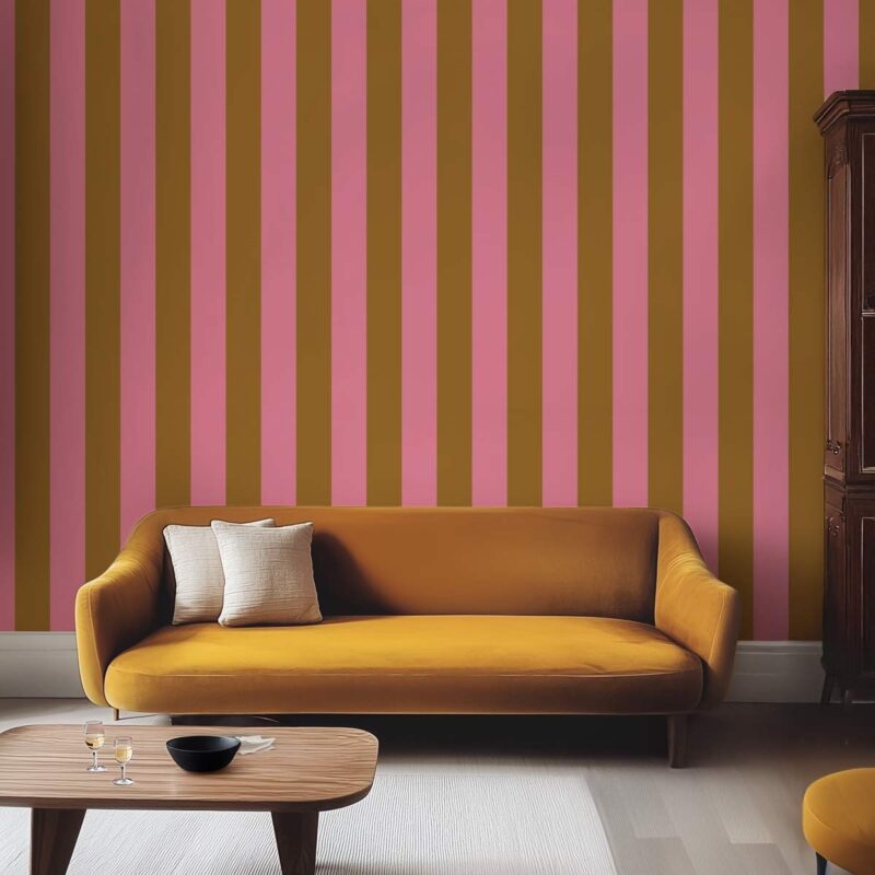 Papier peint rayures verticales rose et ocre