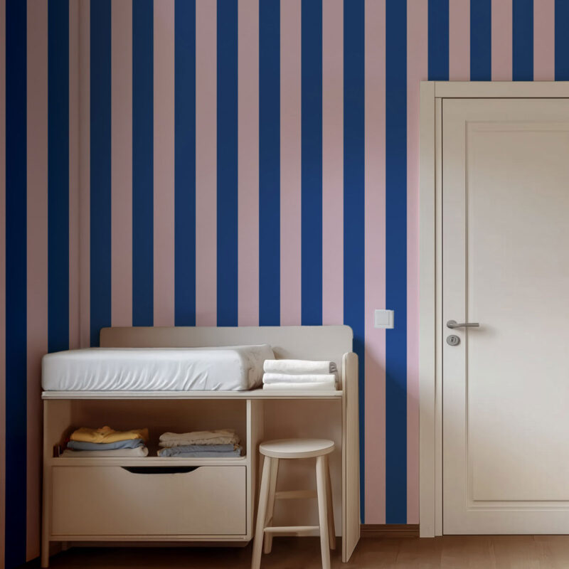 Papier peint mur rayé rose pastel et bleu