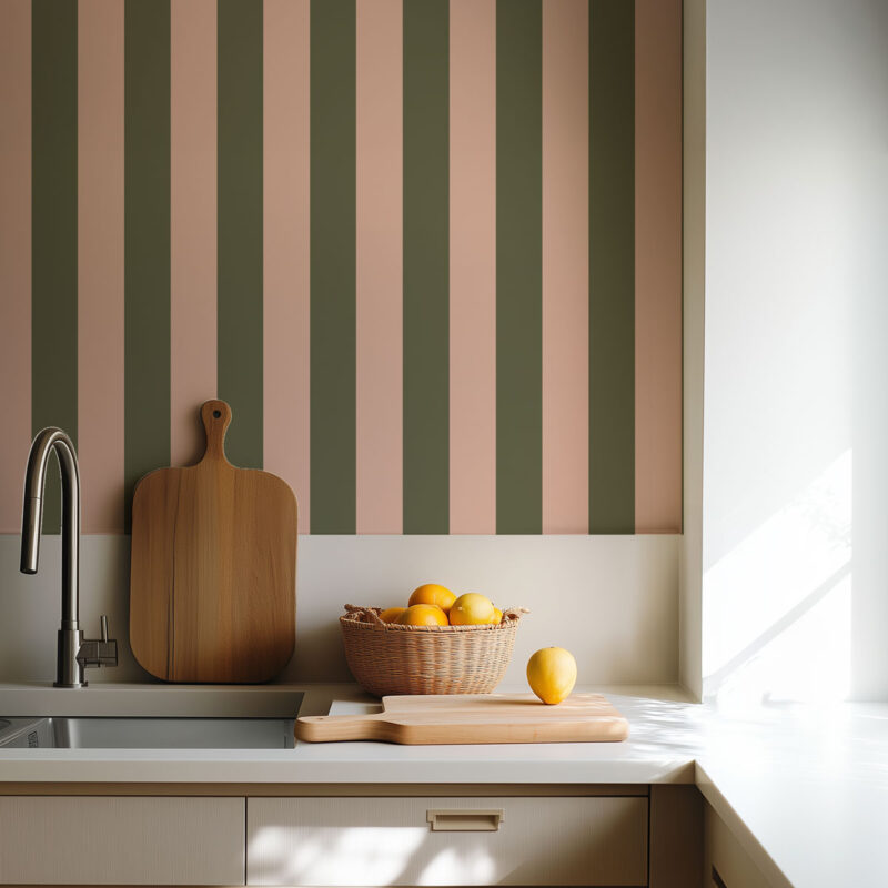 Papier peint cuisine bande rose et vert poudré tendance