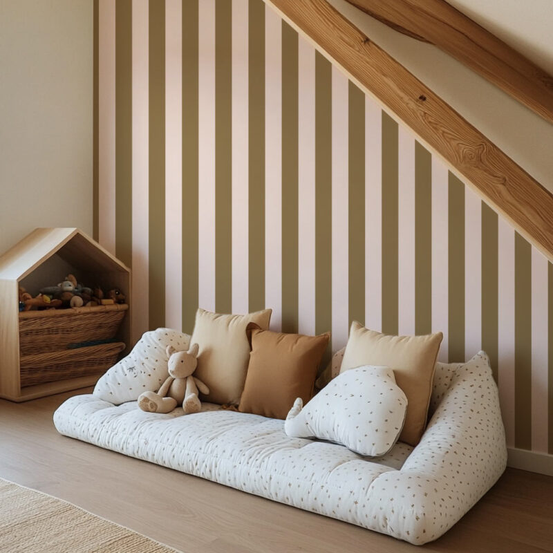 Papier peint à rayures kaki et crème