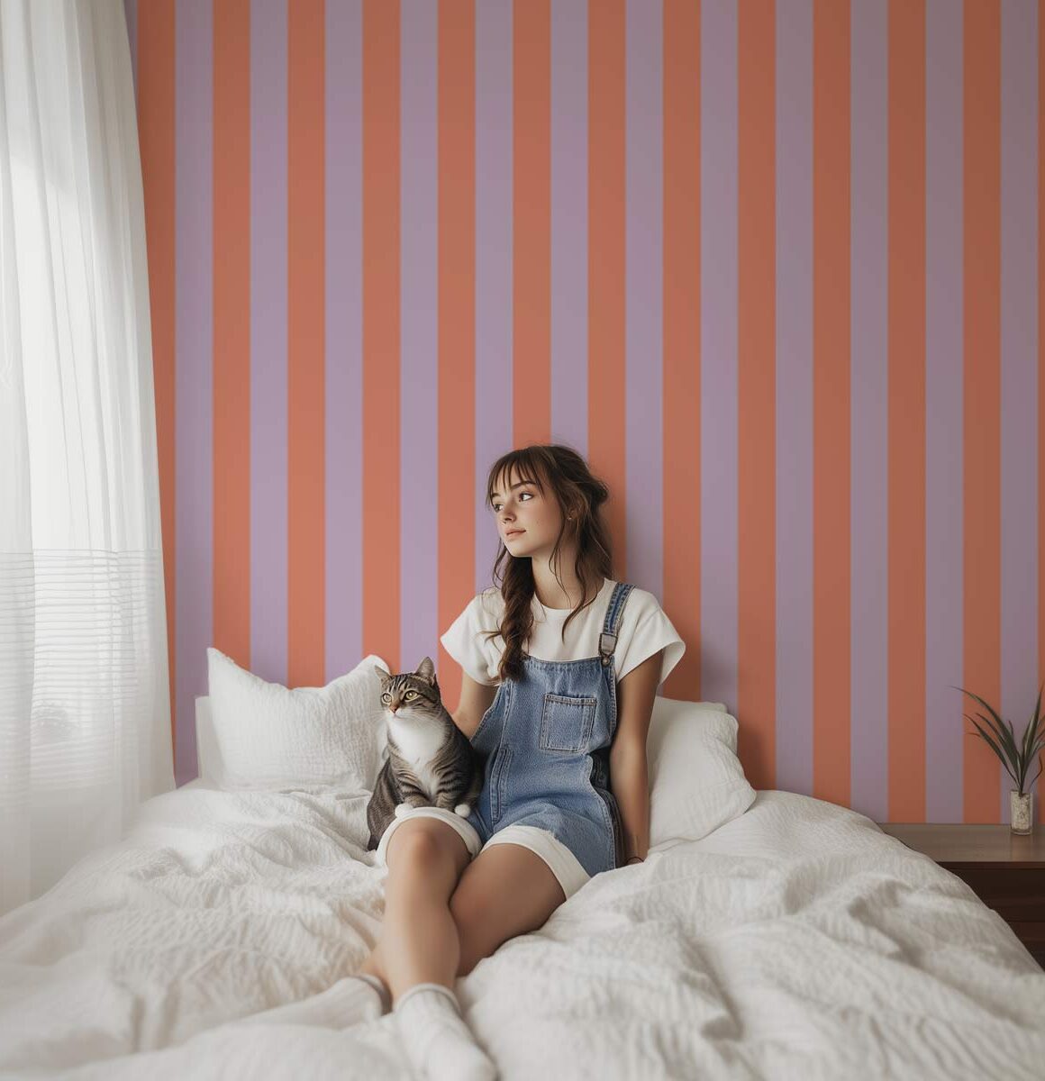 papier peint chambre ado rayures corail et violet