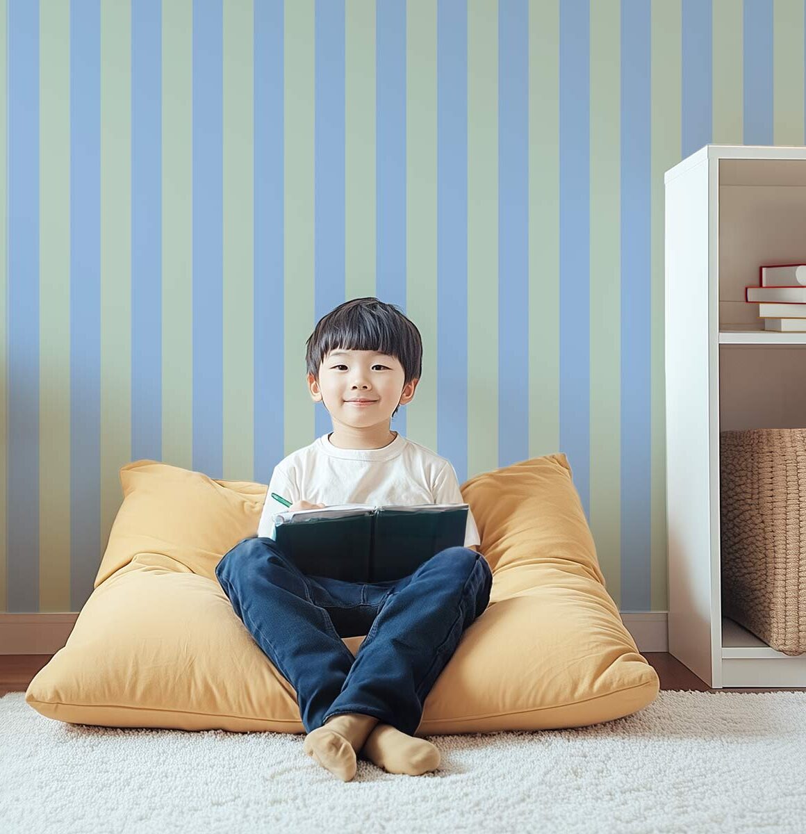 papier peint enfant rayures vert et bleu
