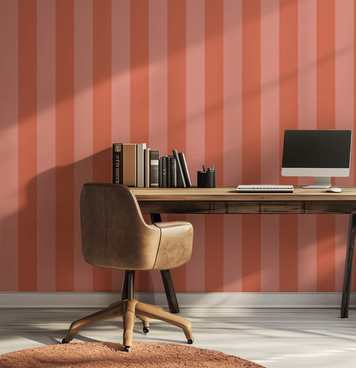 Papier peint bureau rayures rose saumon