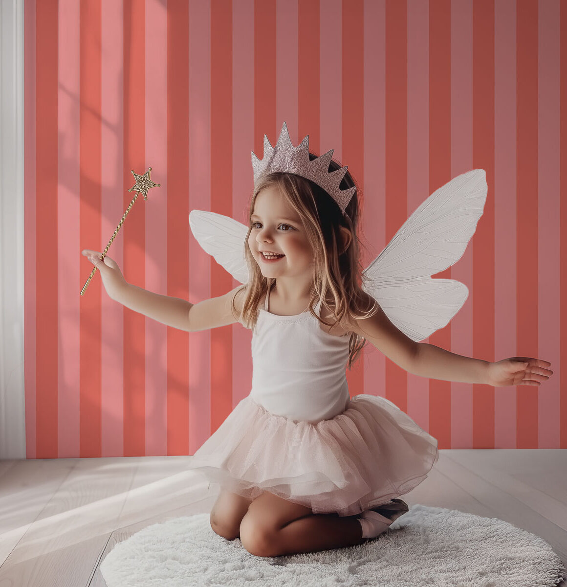 Papier peint rayé chambre fille corail