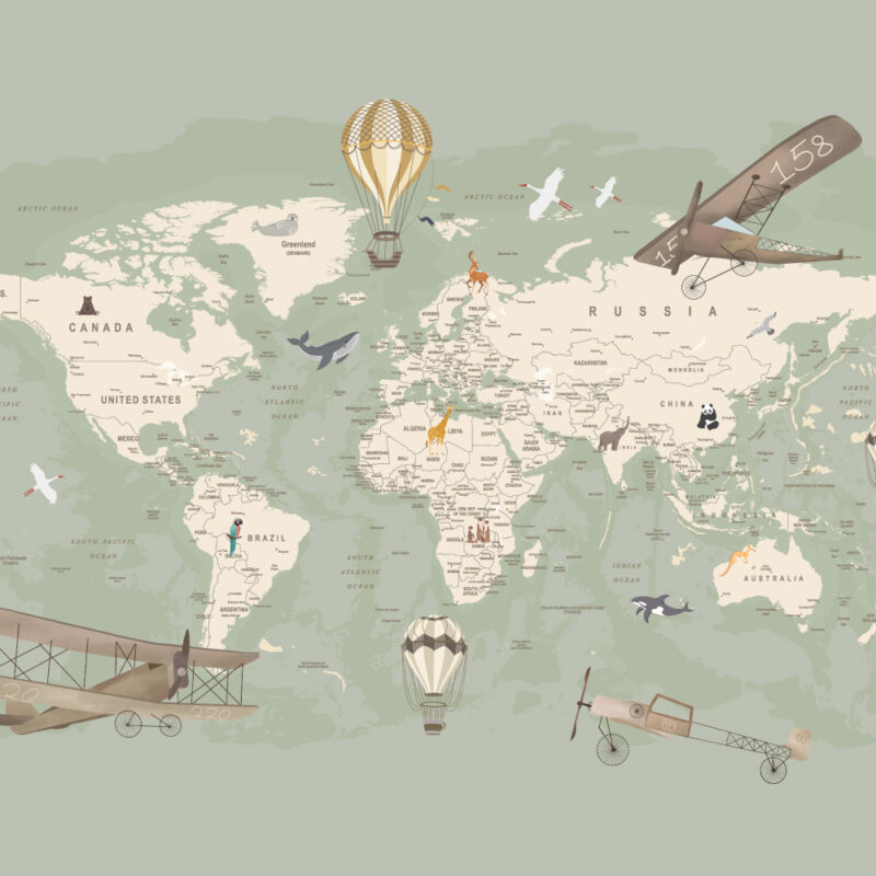 Carta da parati con mappa del mondo verde salvia - immagine 2
