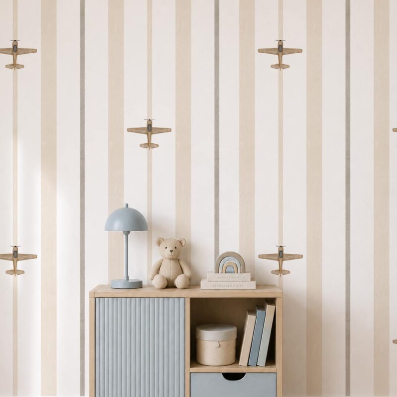 papier peint avion rayure beige