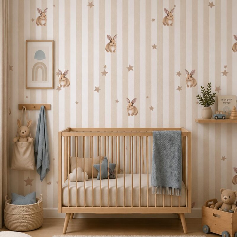 papier peint lapin et étoile rayure beige