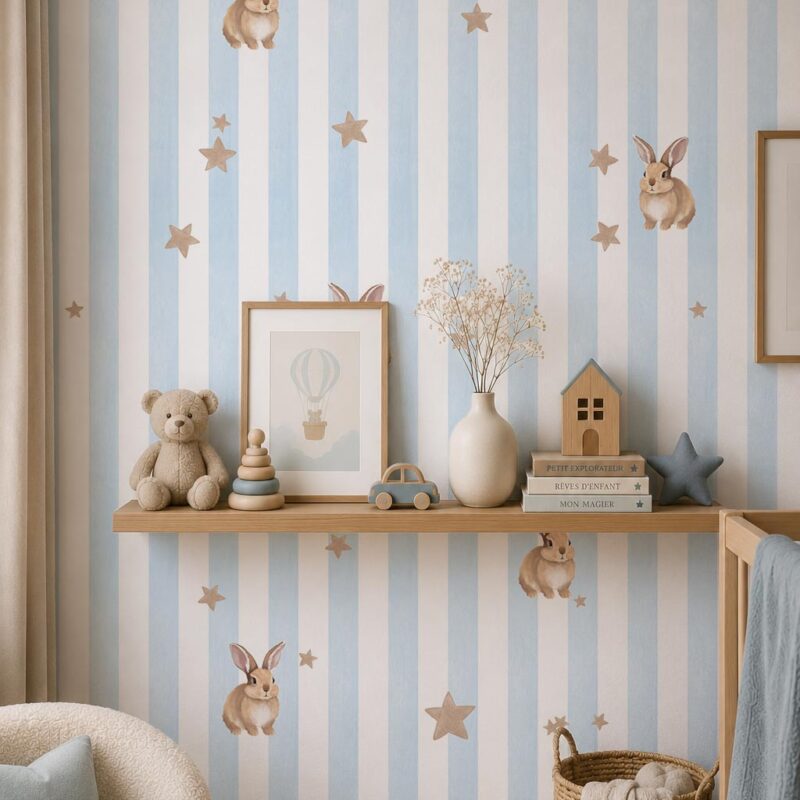 papier peint lapin et étoile rayure bleu