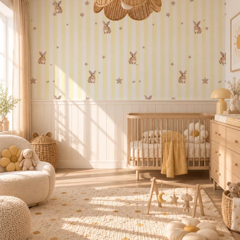 papier peint lapin et étoile rayure jaune