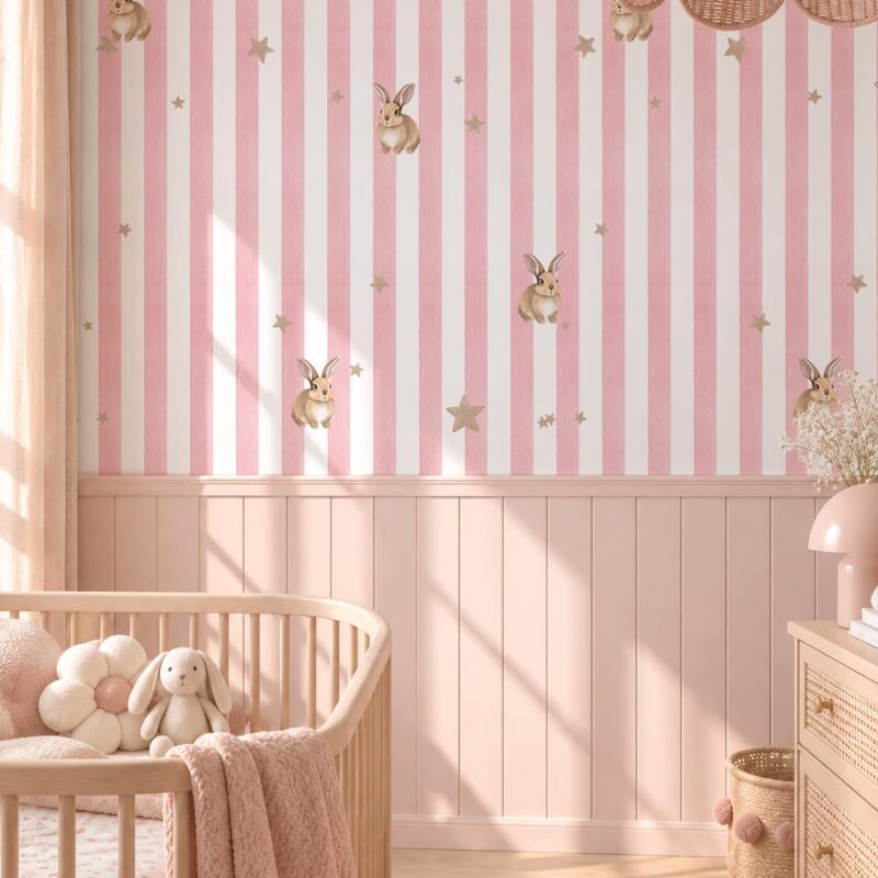 papier peint lapin et étoile rayure rose