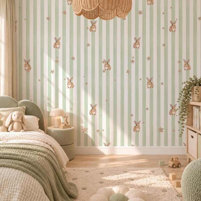 Carta da parati a righe vintage con coniglietti stellati - immagine 5