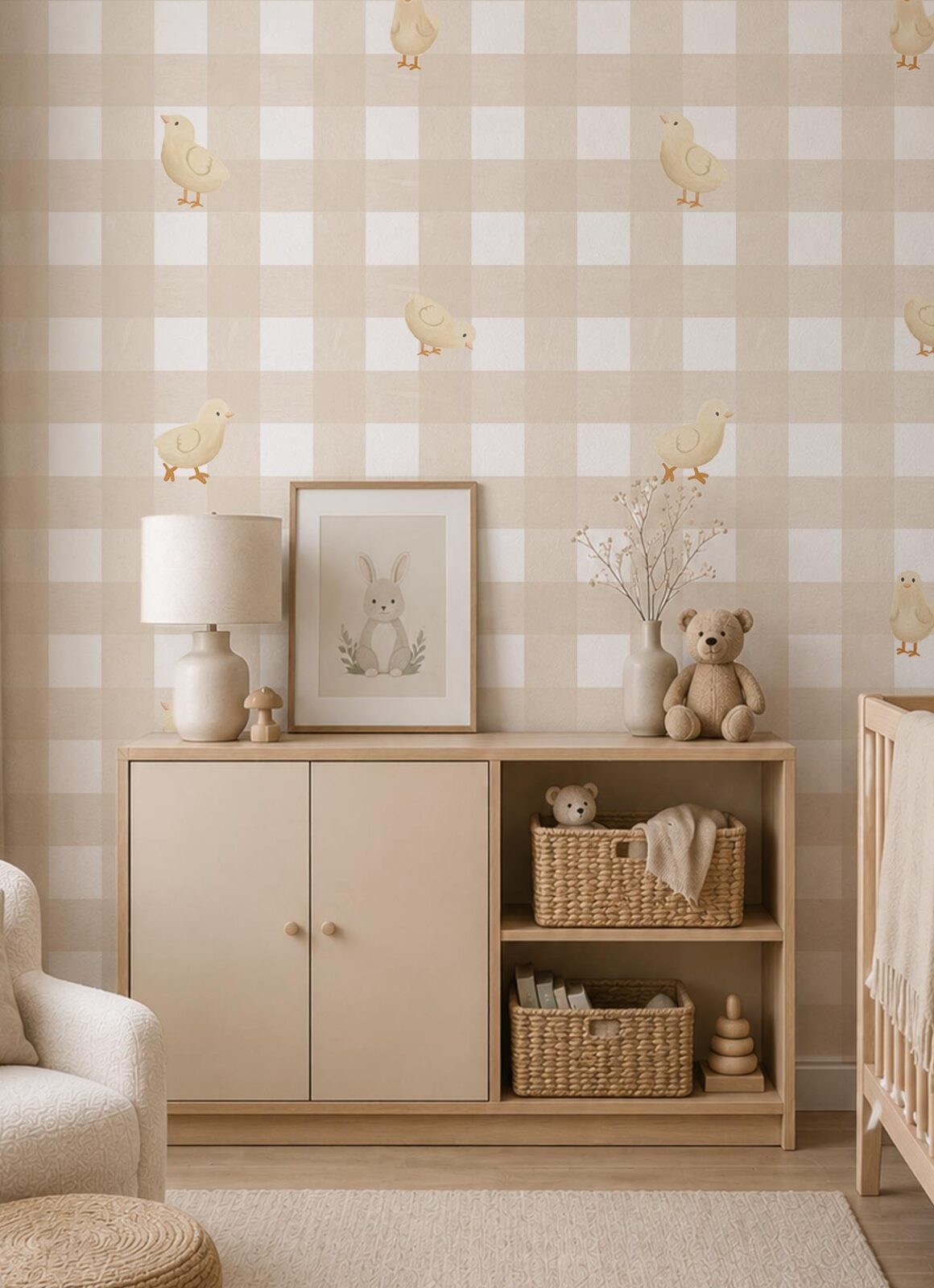 papier peint vichy beige poussins